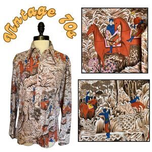 Vintage 70s Groovy Mens Shirt Hippy Horse Hipster Indie Fall Winter Artsy Folksy